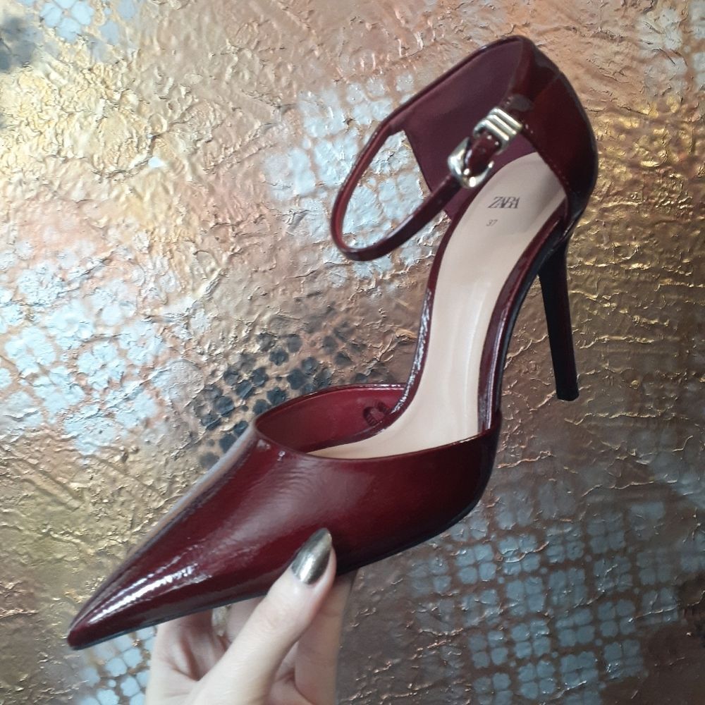 Zara Burgundy Faux Patent Leather Ankle-Strap Pointed Toe Pump